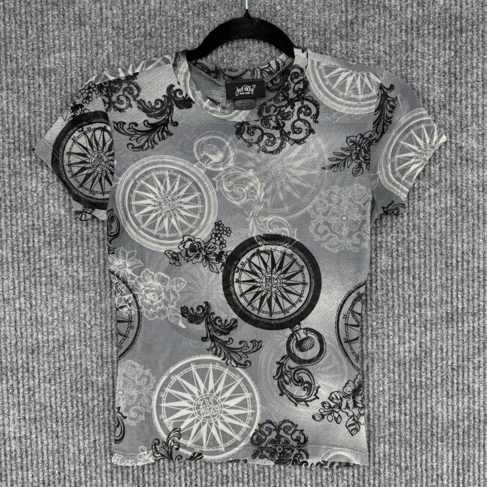 Just Polly New York y2k mesh compass baby tee gray sheer fitted top size Small